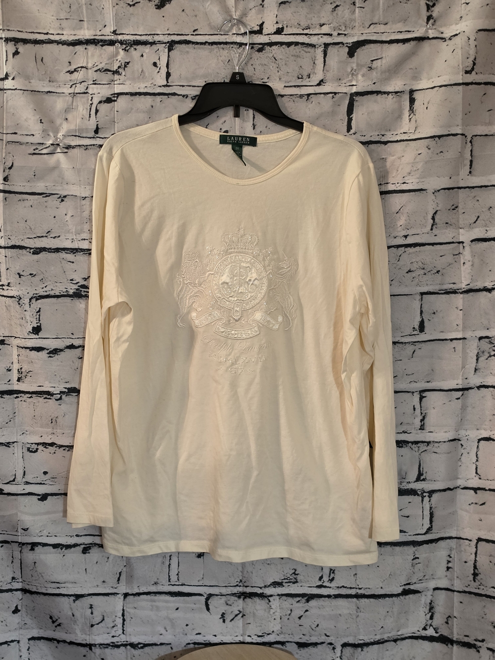 Ralph Lauren Cream Long Sleeve Tee with Embroidered Crest